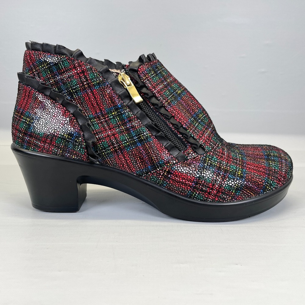 Alegria Hannah Ankle Boots Womens Size 39 US 8.5 Red Tartan Plaid Leather Shoes